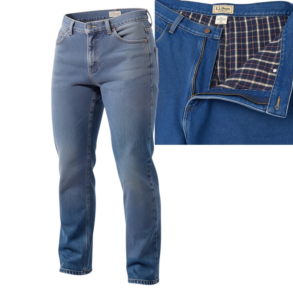 LL Bean Jeans Men 34x29 Blue Flannel Lined Classic Fit Straight Leg Denim